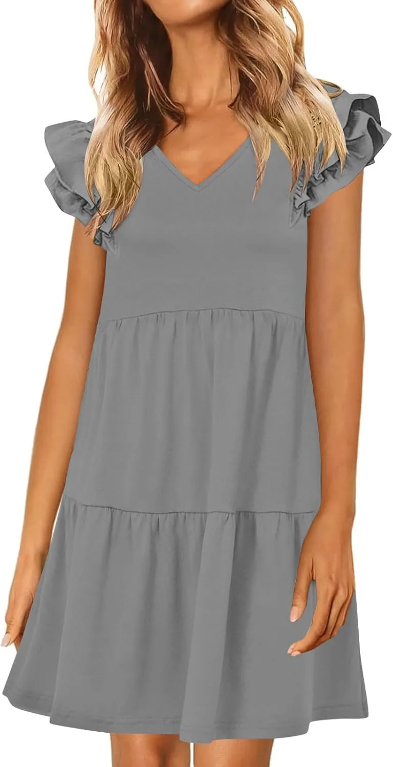 Women's Casual Dresses 2025 Summer Ruffle Sleeve Tiered Cute Short Sundresses Beach Vacation Loose V-Neck Dress