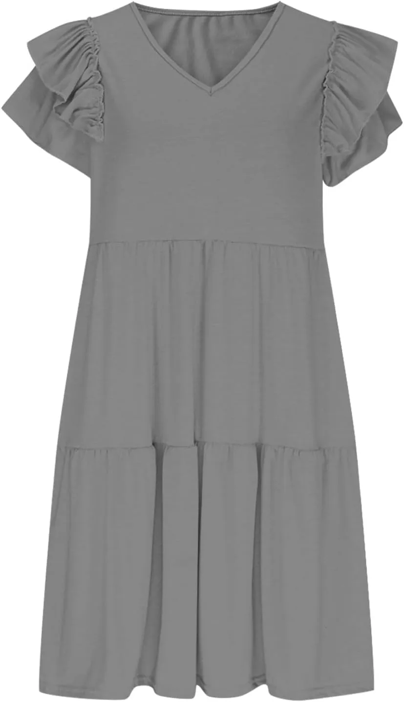 Women's Casual Dresses 2025 Summer Ruffle Sleeve Tiered Cute Short Sundresses Beach Vacation Loose V-Neck Dress
