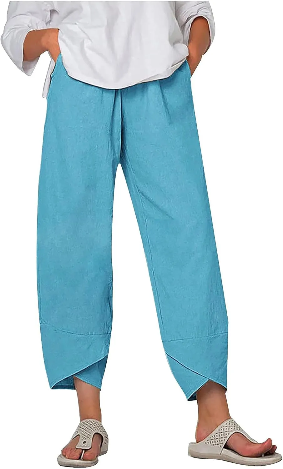 Women's Cotton Linen Pants Summer 2025 Casual Capri Pants with Pockets Cropped High Waisted Comfy Baggy Trousers