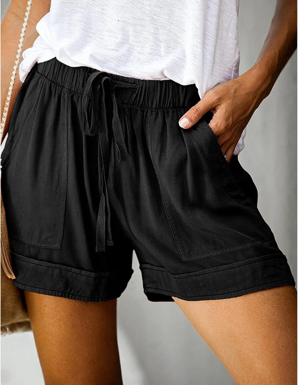 Women's Cotton Linen Shorts Elastic Waist Drawstring Casual Comfy Shorts Summer Lightweight Beach Shorts with Pockets