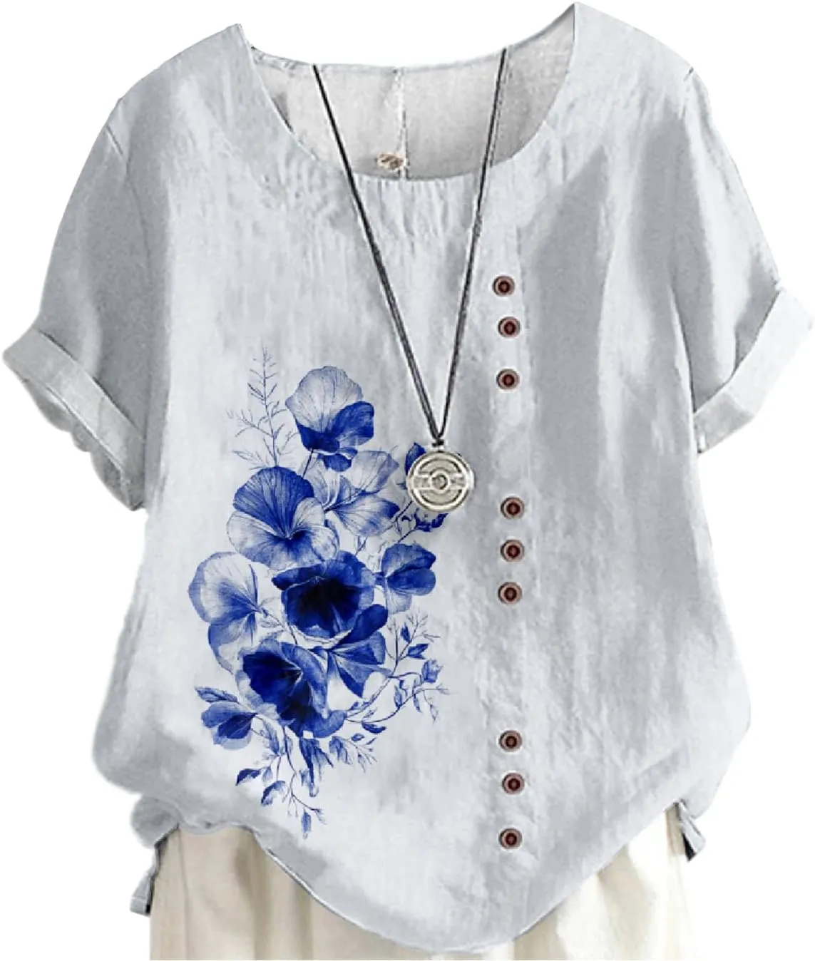 Women's Cotton Linen Tops Ladies Button Boho Floral Printed Crewneck Short Sleeve Shirts Summer Vacation Blouse