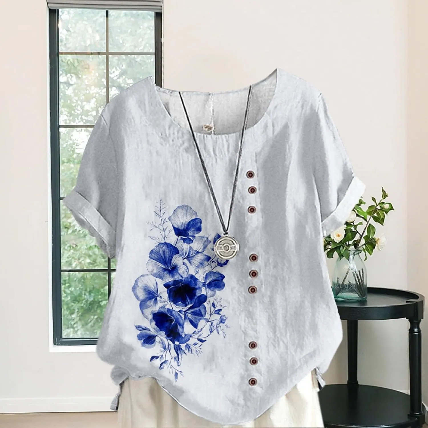 Women's Cotton Linen Tops Ladies Button Boho Floral Printed Crewneck Short Sleeve Shirts Summer Vacation Blouse