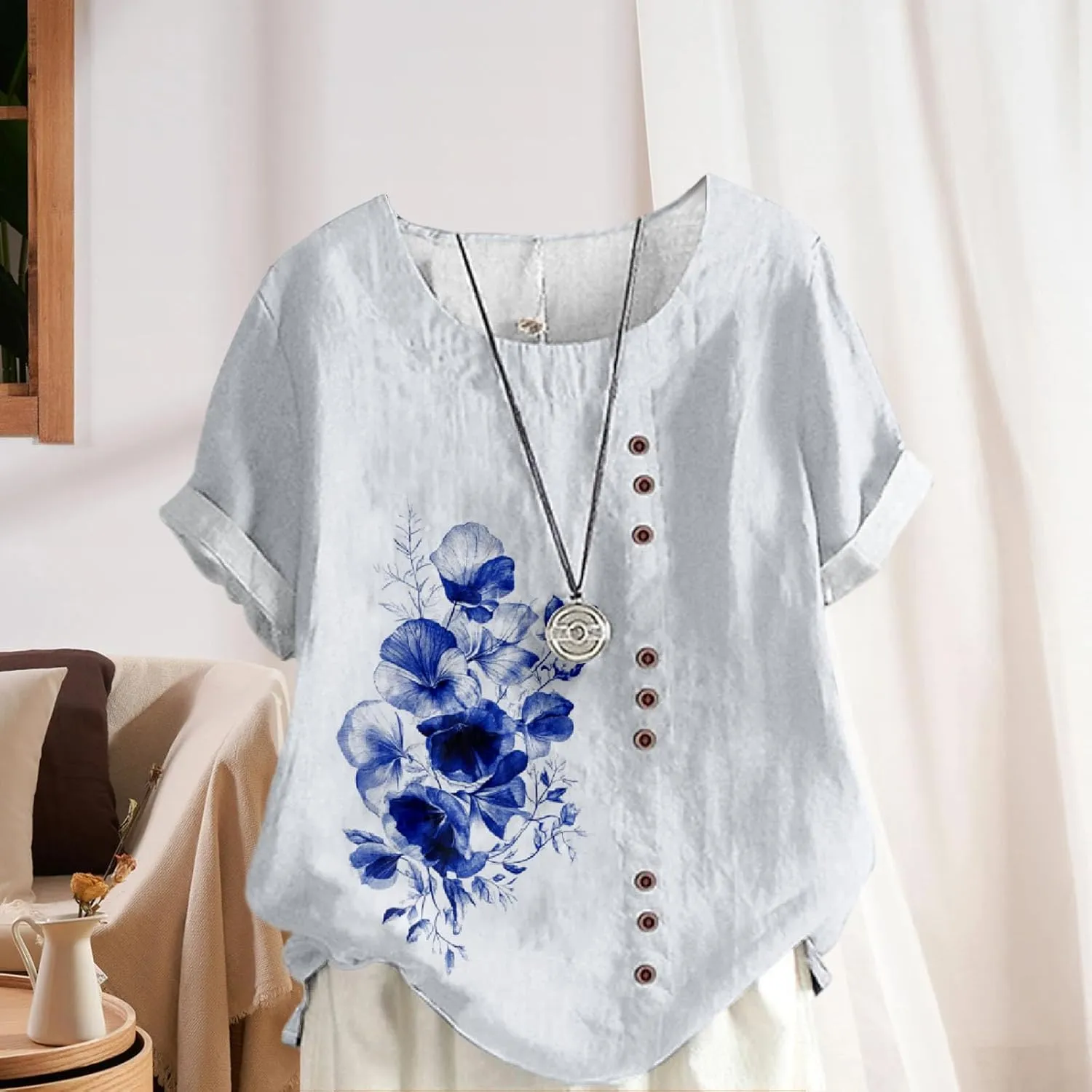 Women's Cotton Linen Tops Ladies Button Boho Floral Printed Crewneck Short Sleeve Shirts Summer Vacation Blouse