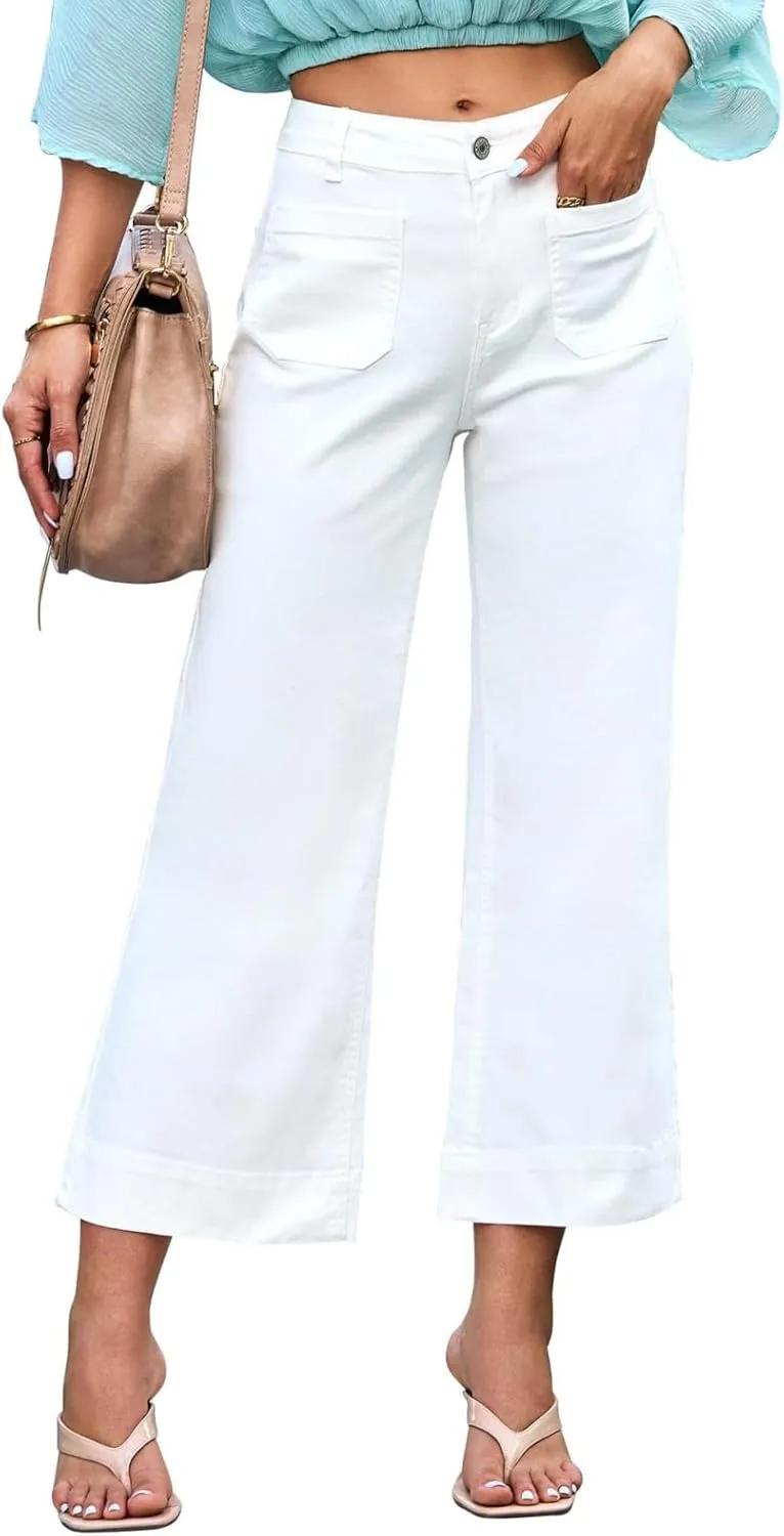 Women's High Waist Wide Leg Jeans Stretchy Baggy Denim Pants Trendy Cropped Trousers with Front Pockets