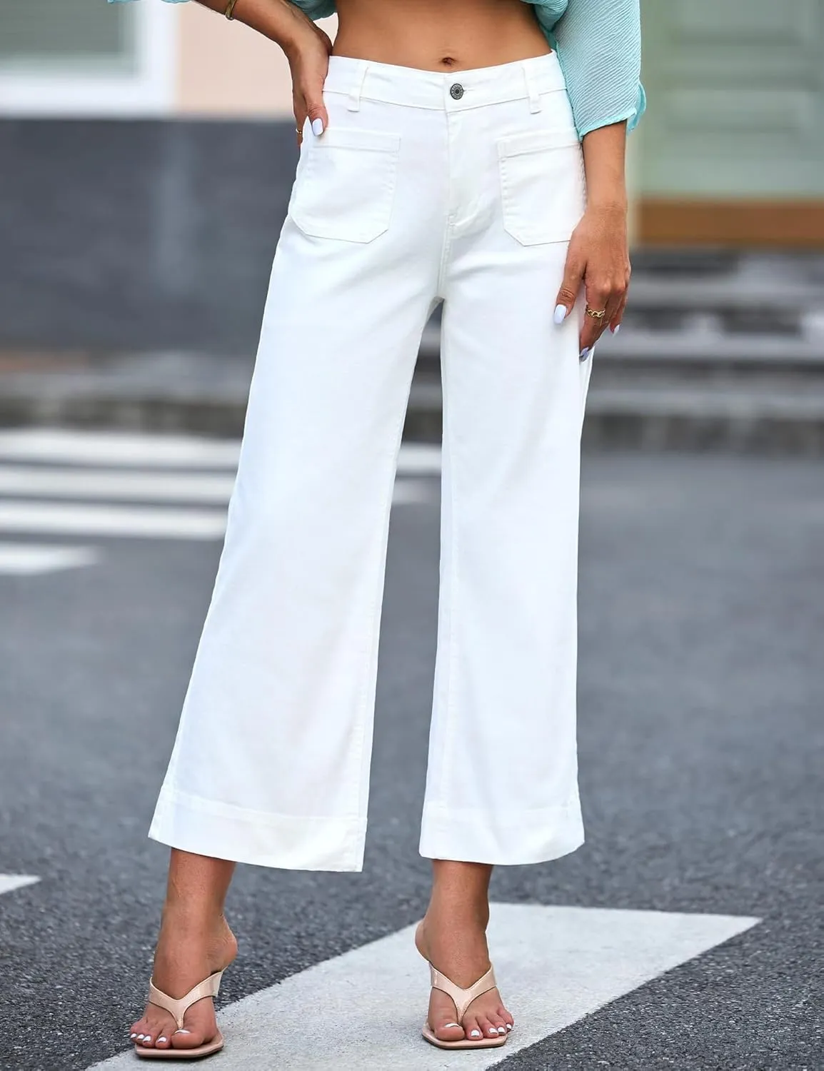 Women's High Waist Wide Leg Jeans Stretchy Baggy Denim Pants Trendy Cropped Trousers with Front Pockets