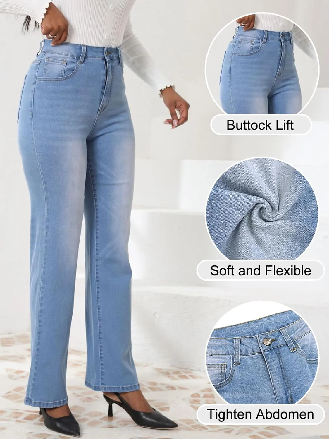 Women's High Waisted Wide Leg Jeans Stretchy Denim Pants, Tummy Control Boyfriend Jeans with Butt Lift