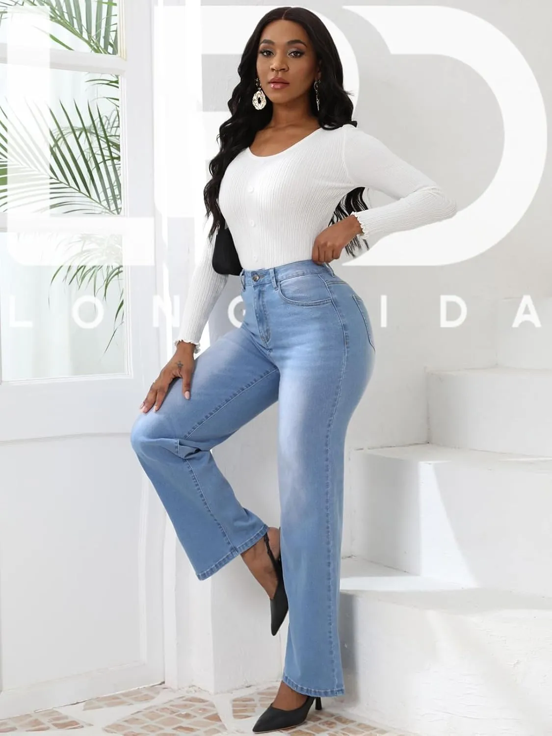 Women's High Waisted Wide Leg Jeans Stretchy Denim Pants, Tummy Control Boyfriend Jeans with Butt Lift