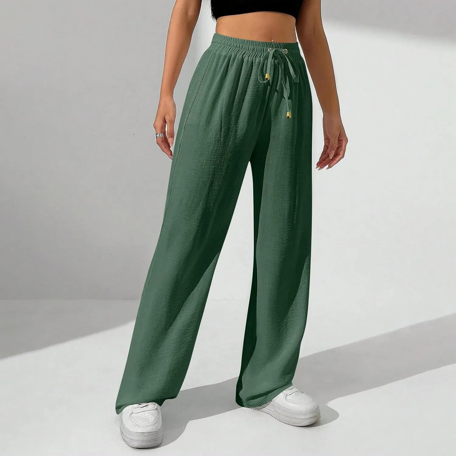 Women's Linen Summer Palazzo Pants Flowy Wide Leg Beach Pants with Pockets