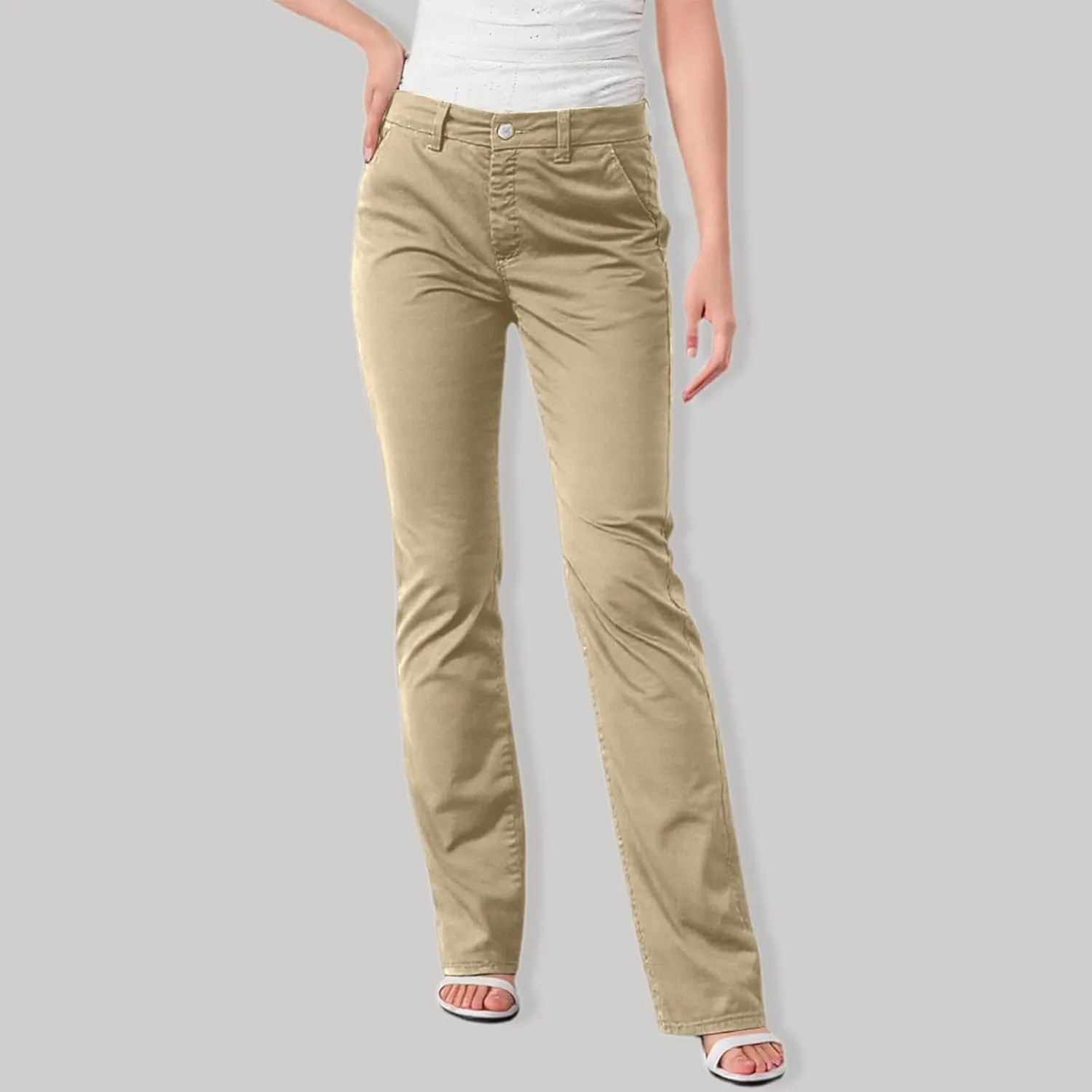 Women's Solid Color Stylish Casual Straight Leg Pants with Button Closure and Pockets Comfortable Work Trousers