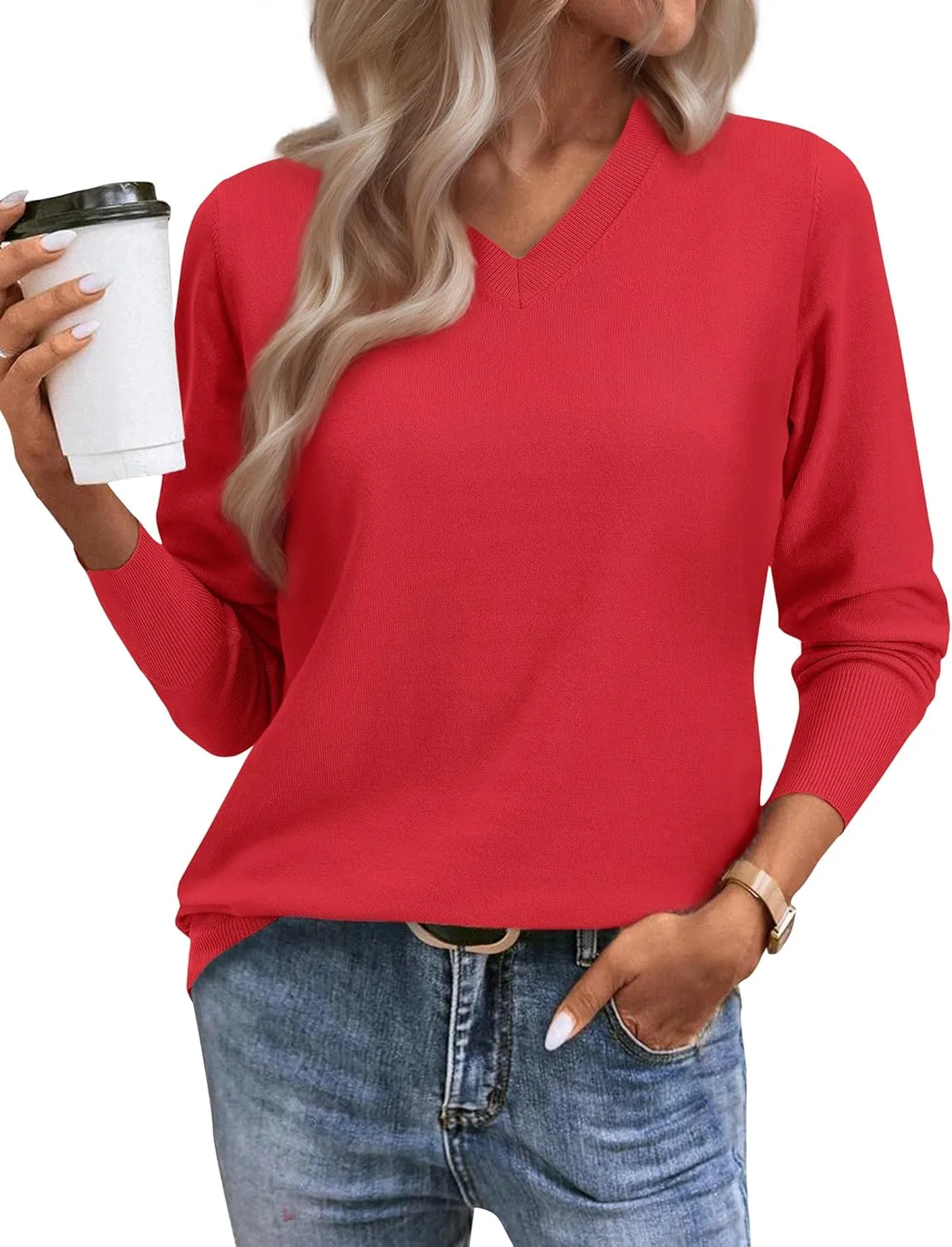 Women's Spring Sweaters 2025 Casual Thin Long Sleeve Pullover V Neck Lightweight Sweatshirts Cute Blouse Tops