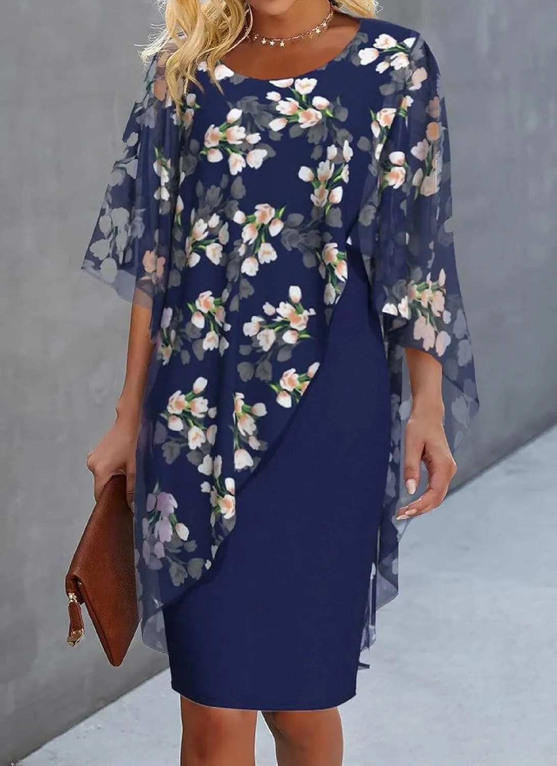 Women's Summer Mini Dresses Elegant Blue Floral Print Short Sleeve Round Neck Stylish Short Shift Dress 2025