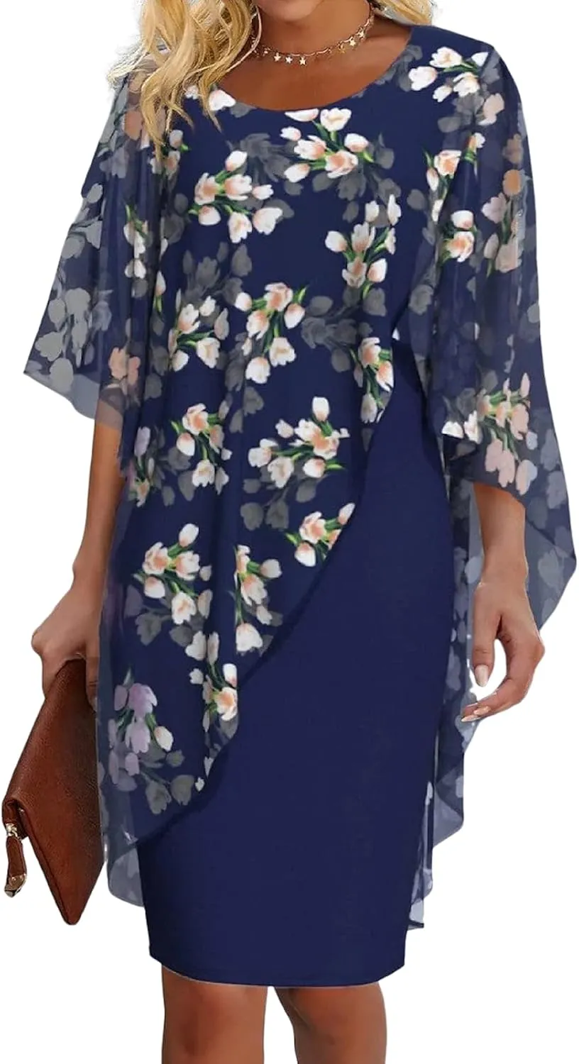Women's Summer Mini Dresses Elegant Blue Floral Print Short Sleeve Round Neck Stylish Short Shift Dress 2025