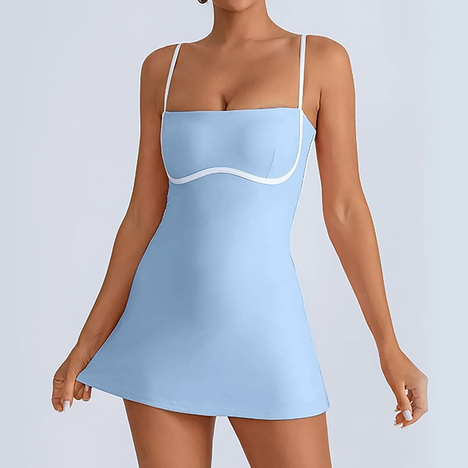 Womens Tennis Sleeveless Mini Dress Stretch Built in Bra Square Neck Fashion Comfy Workout Athletic Golf Dress