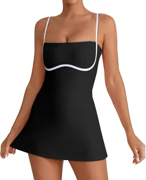 Womens Tennis Sleeveless Mini Dress Stretch Built in Bra Square Neck Fashion Comfy Workout Athletic Golf Dress