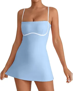 Womens Tennis Sleeveless Mini Dress Stretch Built in Bra Square Neck Fashion Comfy Workout Athletic Golf Dress