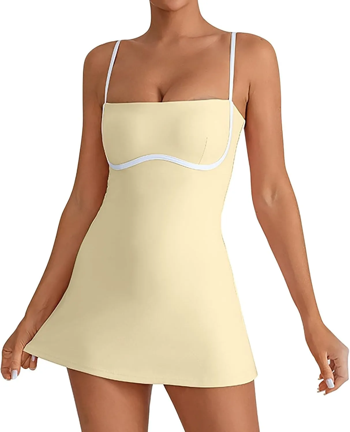Womens Tennis Sleeveless Mini Dress Stretch Built in Bra Square Neck Fashion Comfy Workout Athletic Golf Dress