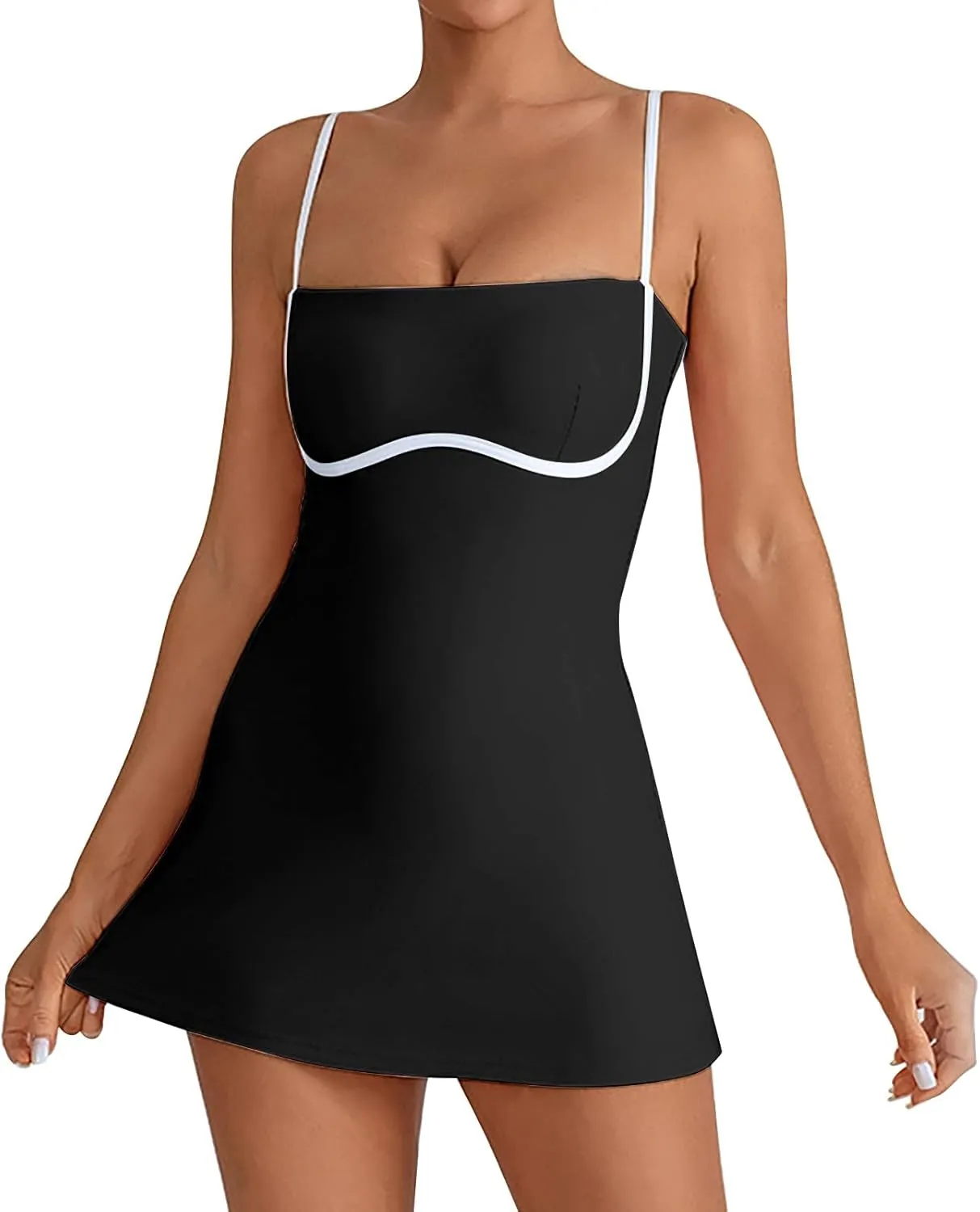 Womens Tennis Sleeveless Mini Dress Stretch Built in Bra Square Neck Fashion Comfy Workout Athletic Golf Dress