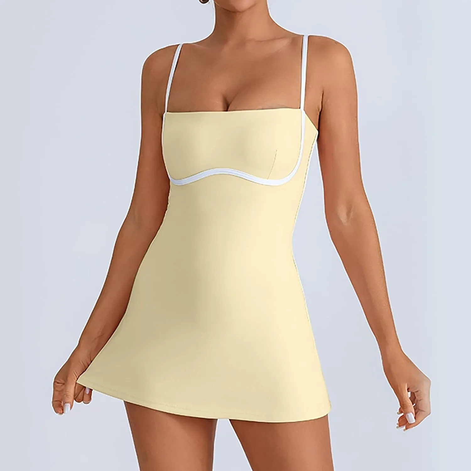 Womens Tennis Sleeveless Mini Dress Stretch Built in Bra Square Neck Fashion Comfy Workout Athletic Golf Dress