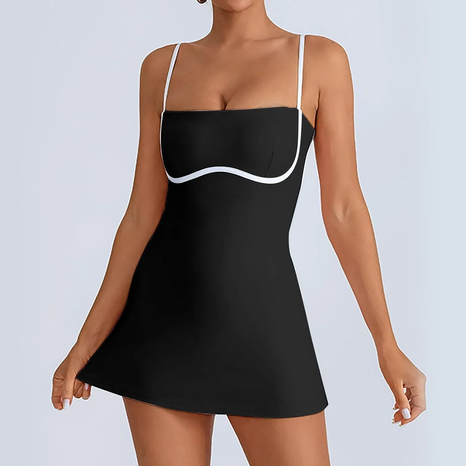 Womens Tennis Sleeveless Mini Dress Stretch Built in Bra Square Neck Fashion Comfy Workout Athletic Golf Dress