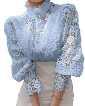 ZOCAVIA Women's Vintage Victorian Blouses Elegant Lace Crochet Tops Dressy Casual Mock Neck Puff Long Sleeve Button Up Shirts