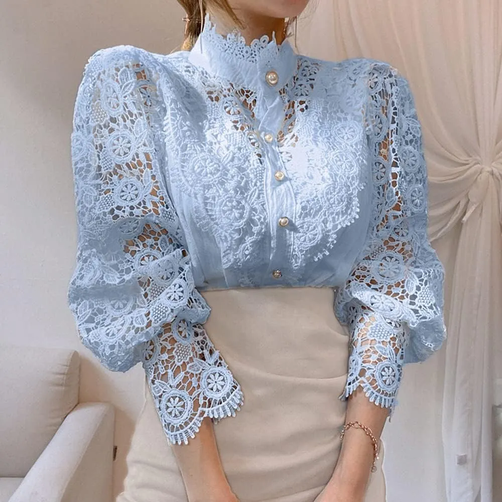 ZOCAVIA Women's Vintage Victorian Blouses Elegant Lace Crochet Tops Dressy Casual Mock Neck Puff Long Sleeve Button Up Shirts