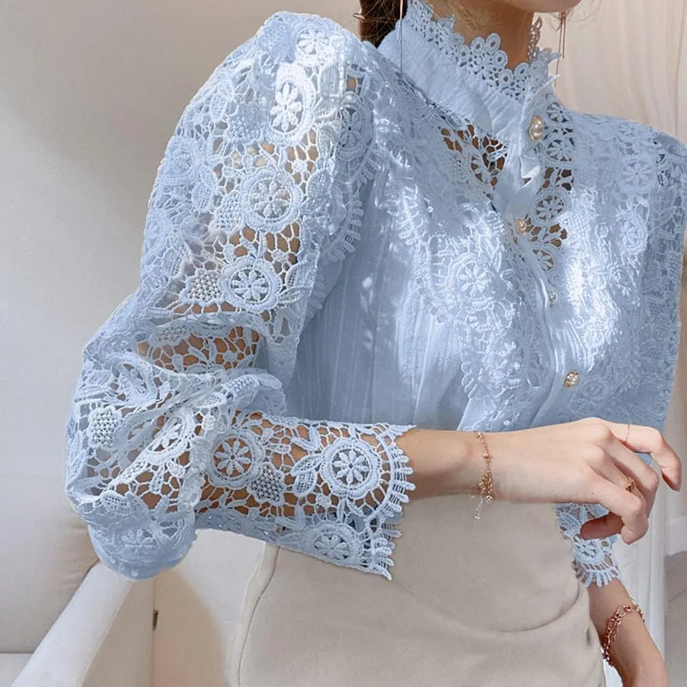 ZOCAVIA Women's Vintage Victorian Blouses Elegant Lace Crochet Tops Dressy Casual Mock Neck Puff Long Sleeve Button Up Shirts